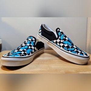 Unisex Blue Butterfly Checkered Slip-On Vans Size Men's 9.0/Women's 10.5
